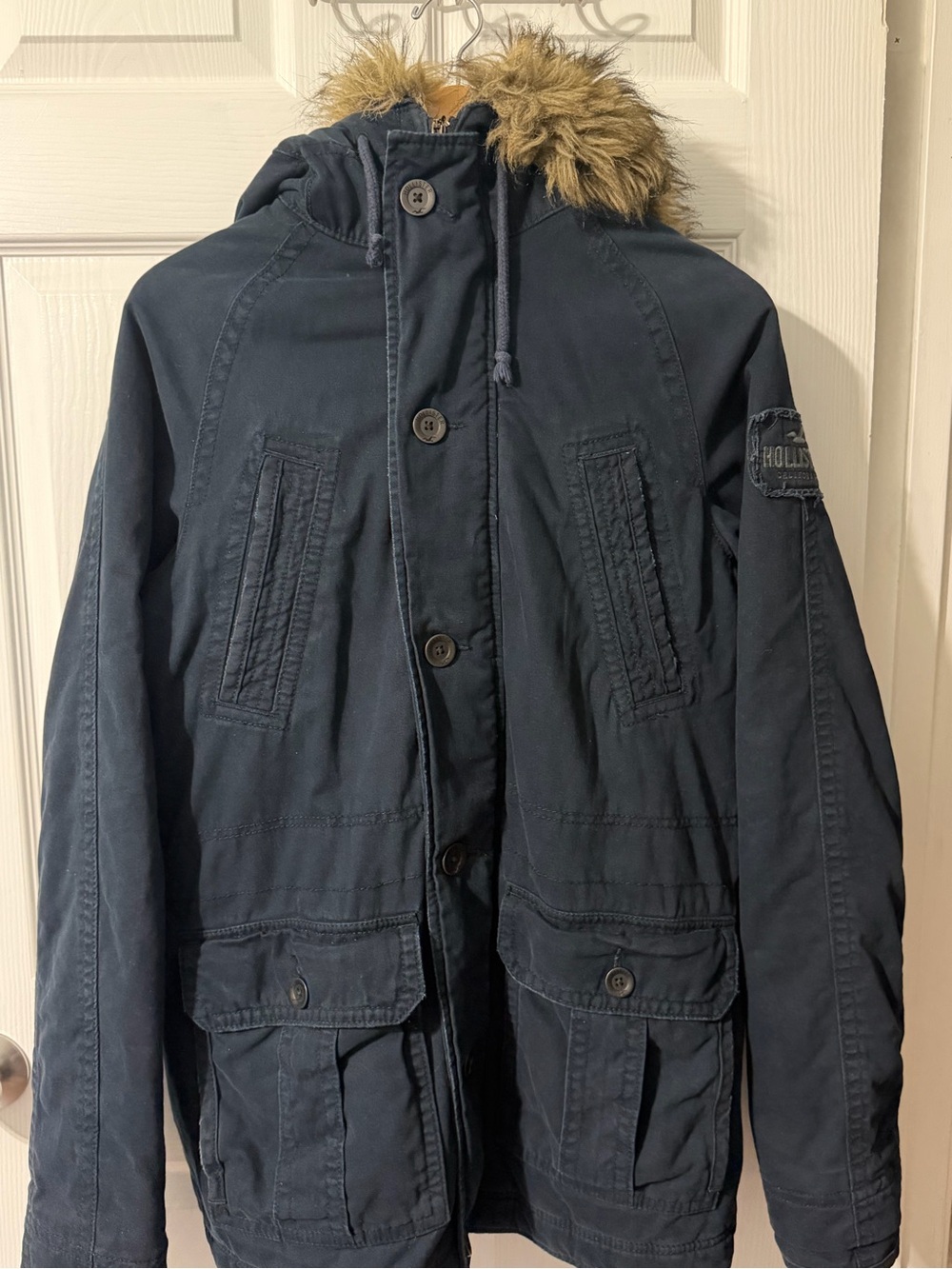 Hollister Men's Dark Navy Hooded Field Jacket with Faux Fur Trim